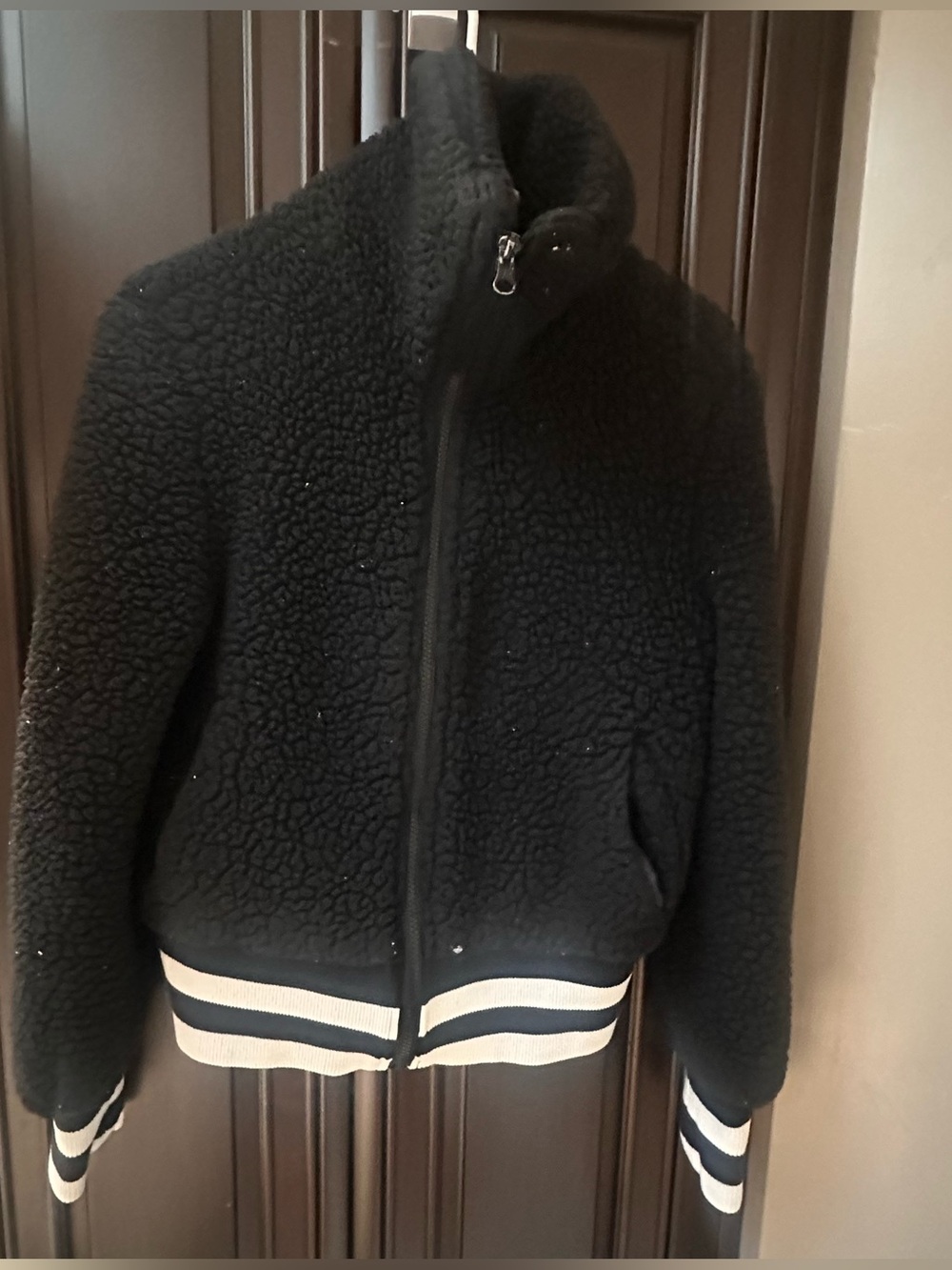 Black Sherpa Zip Bomber Jacket with Striped Knit Hem Size S